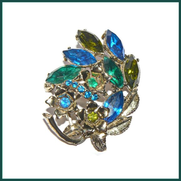Blue and Green Navette Rhinestone Brooch - Picture 4 of 4